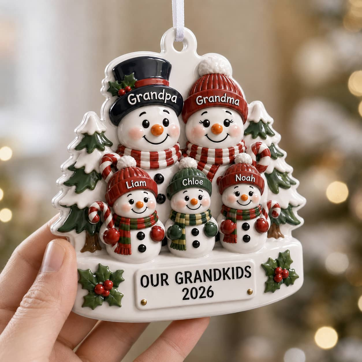 Snowman Grandparents and Grandkids Christmas Tree Keepsake - 3D Relief Ornament