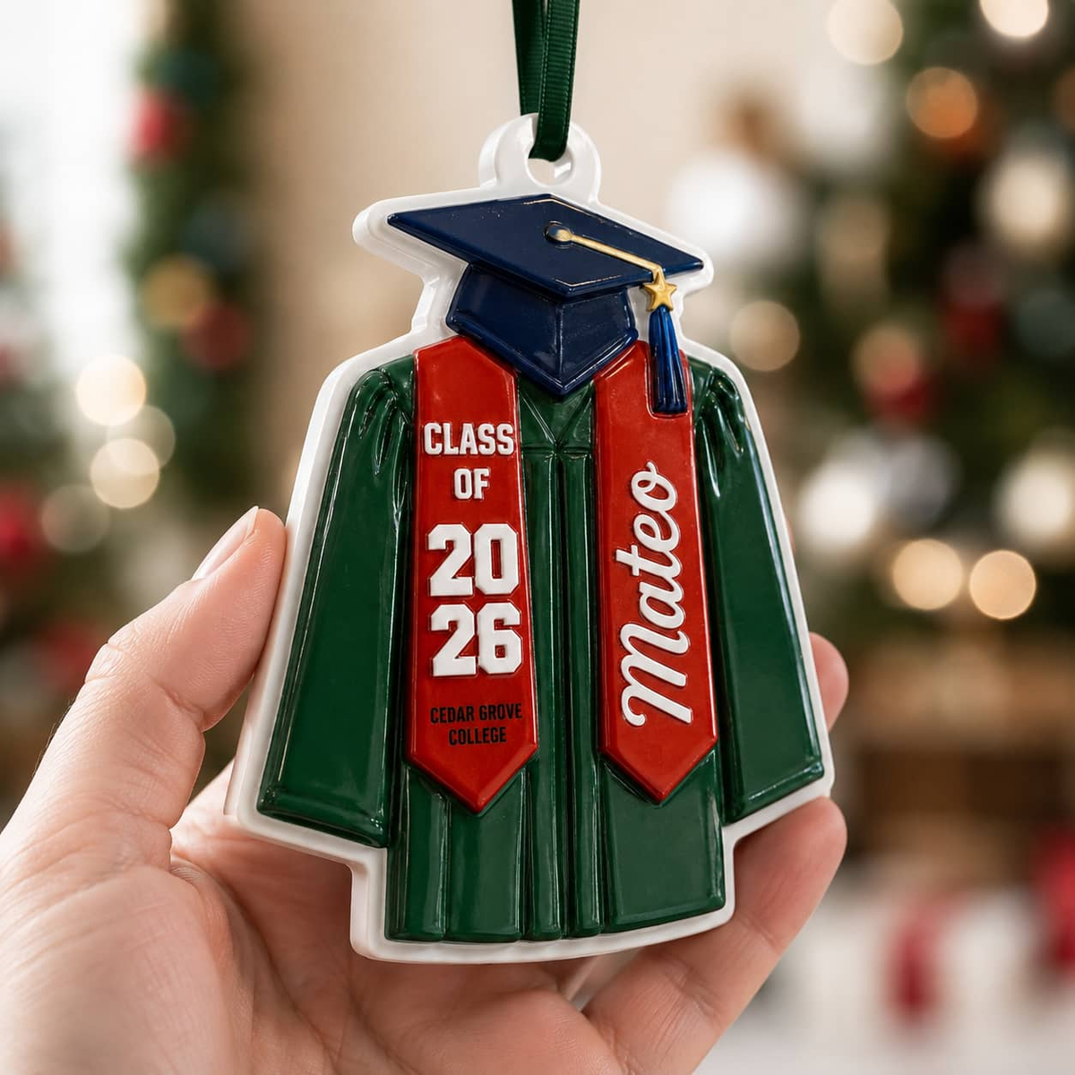Graduation Cap and Gown Holiday Keepsake for High School or College Commencement - 3D Relief Ornament