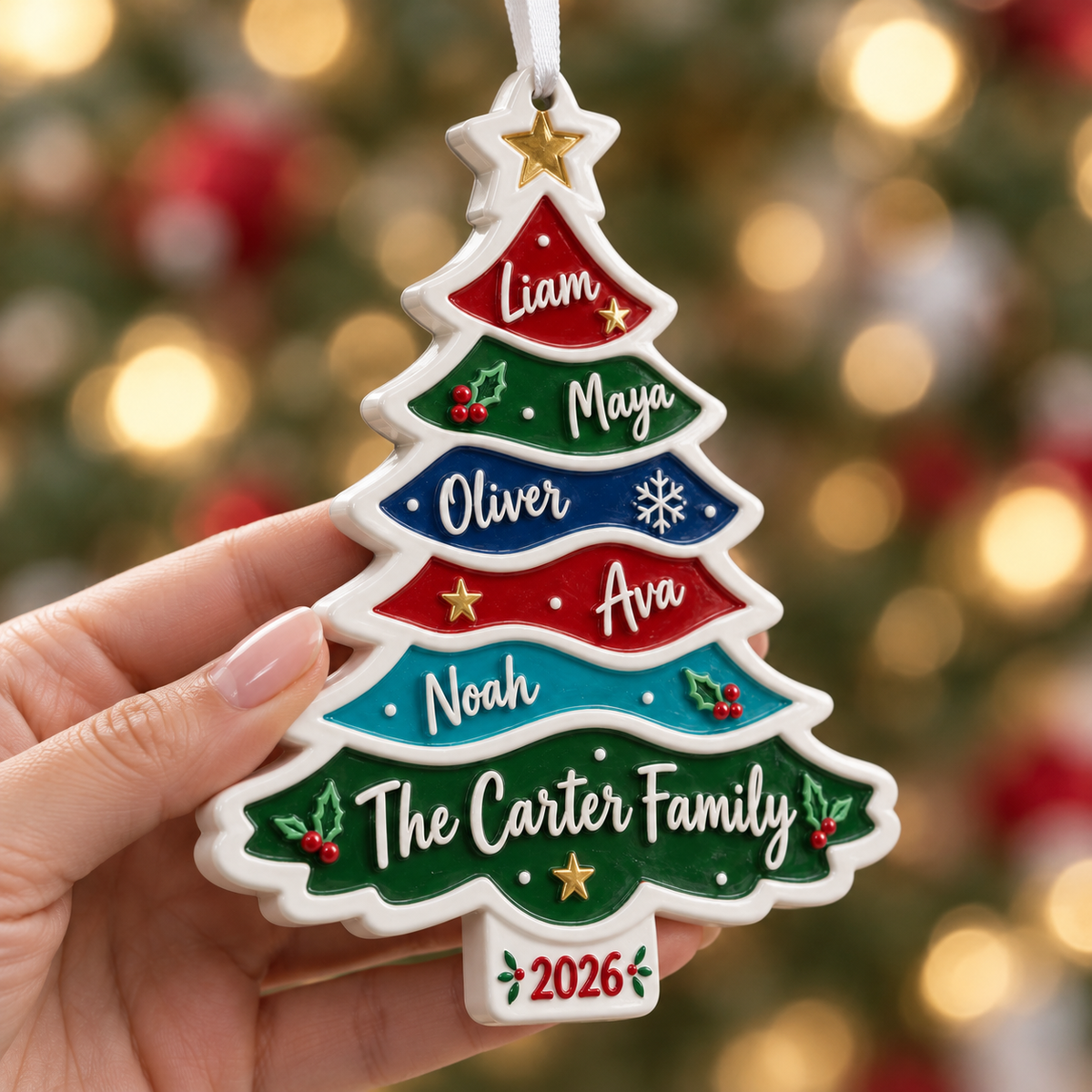 Family Christmas Tree Multicolor Tiered Plaque Hanging Keepsake - 3D Relief Ornament