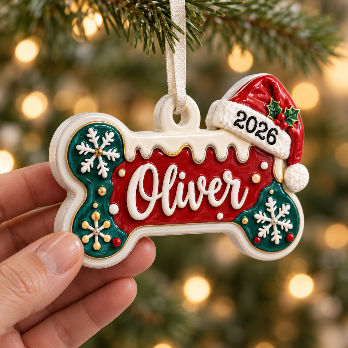 Dog Bone Christmas Tree Hanging Decor with Red Santa Hat and Snowflakes - 3D Relief Ornament