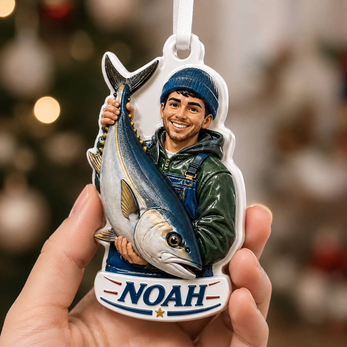 Fisherman Christmas Tree Keepsake Holding Saltwater Tuna Catch - 3D Relief Ornament