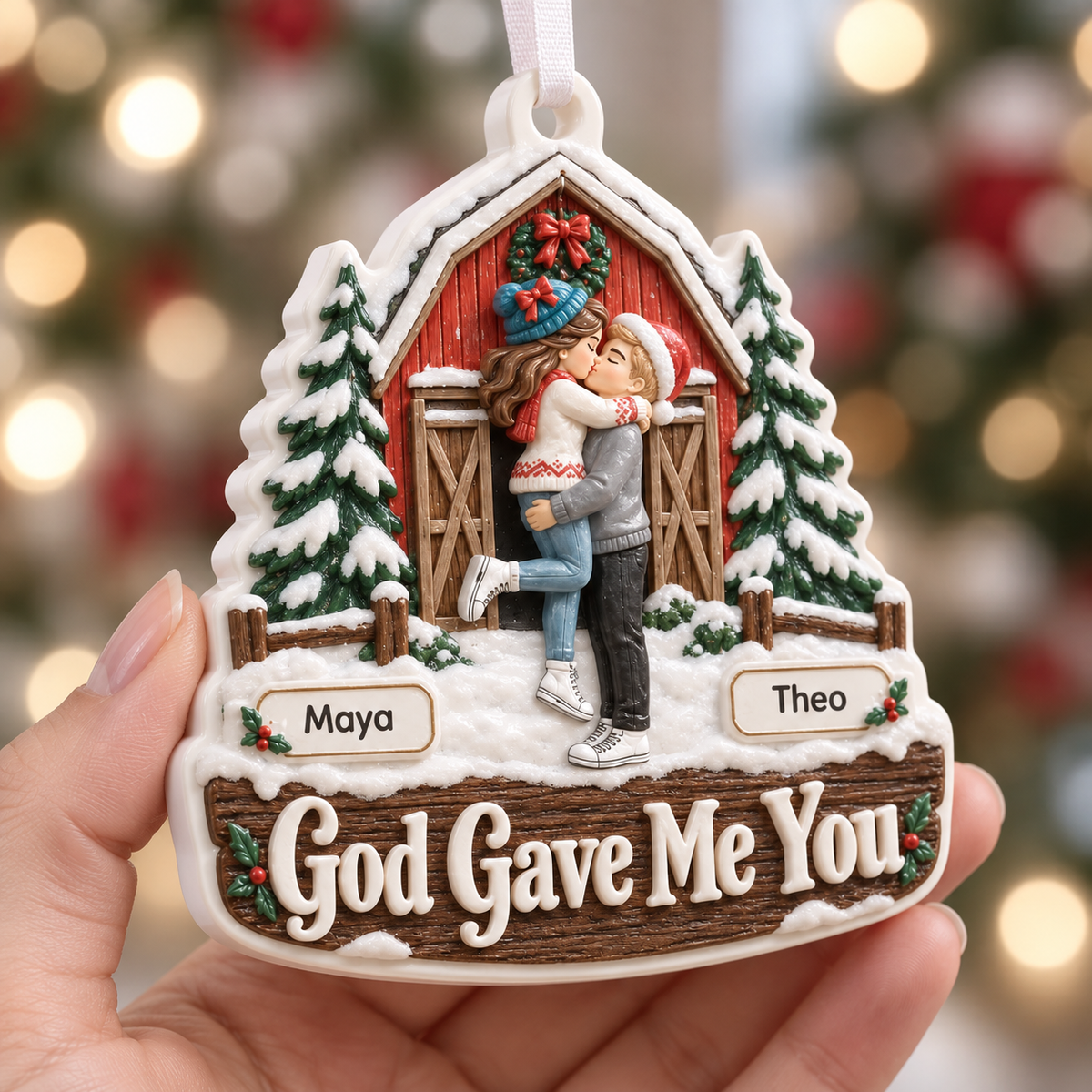 God Gave Me You Couple Winter Barn Cabin Christmas Hanging Keepsake - 3D Relief Ornament