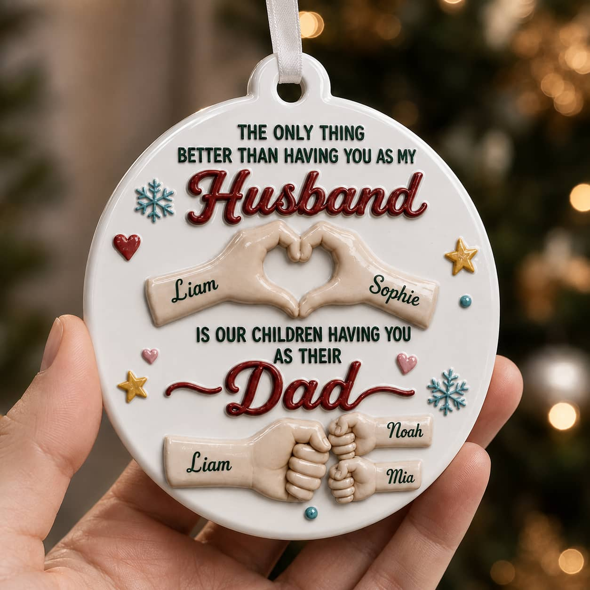 Husband and Dad Family Keepsake, Round White Fist Bump Heart Hands Hanging Decor - 3D Relief Ornament
