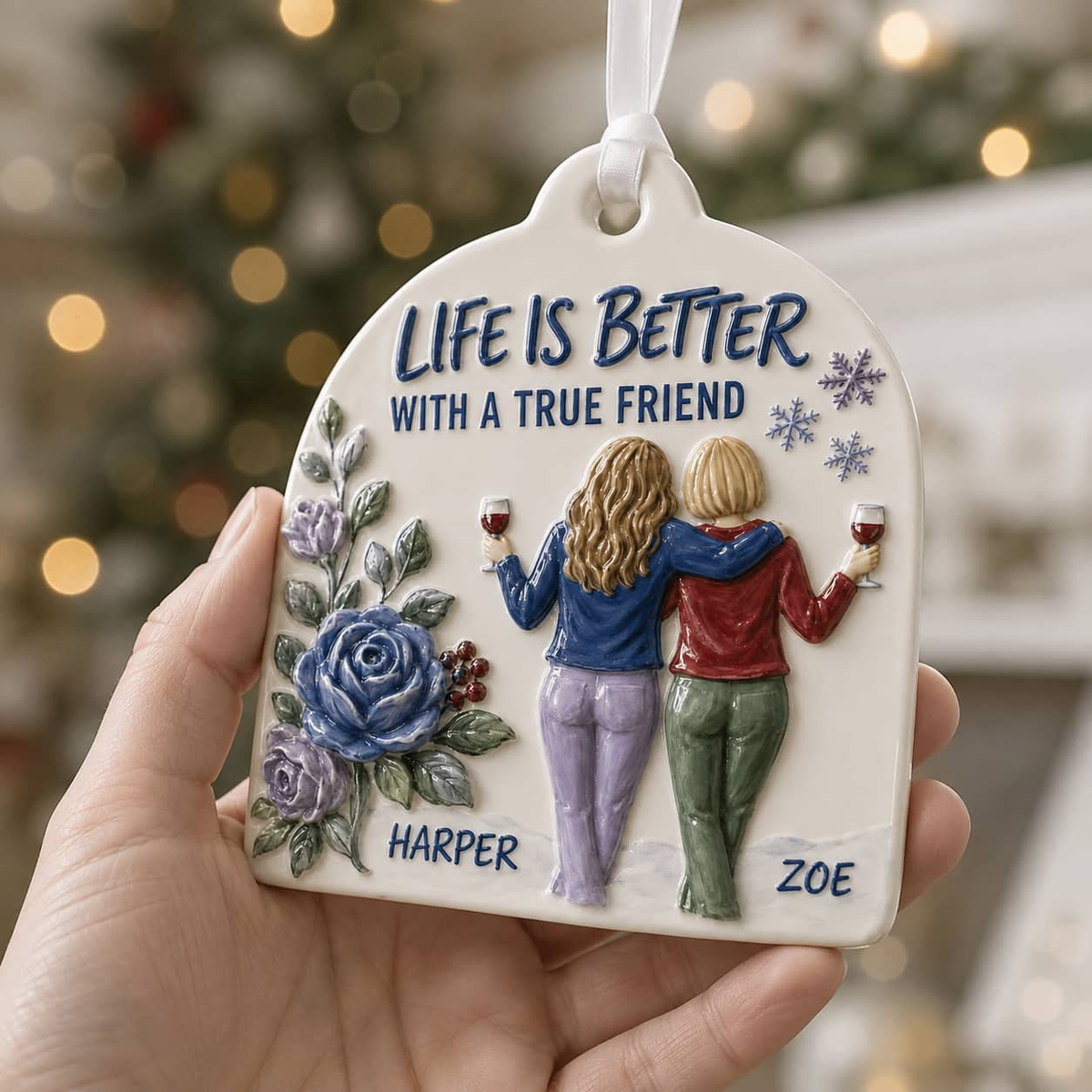 Friendship Keepsake with Two Women Toasting Wine - 3D Relief Ornament