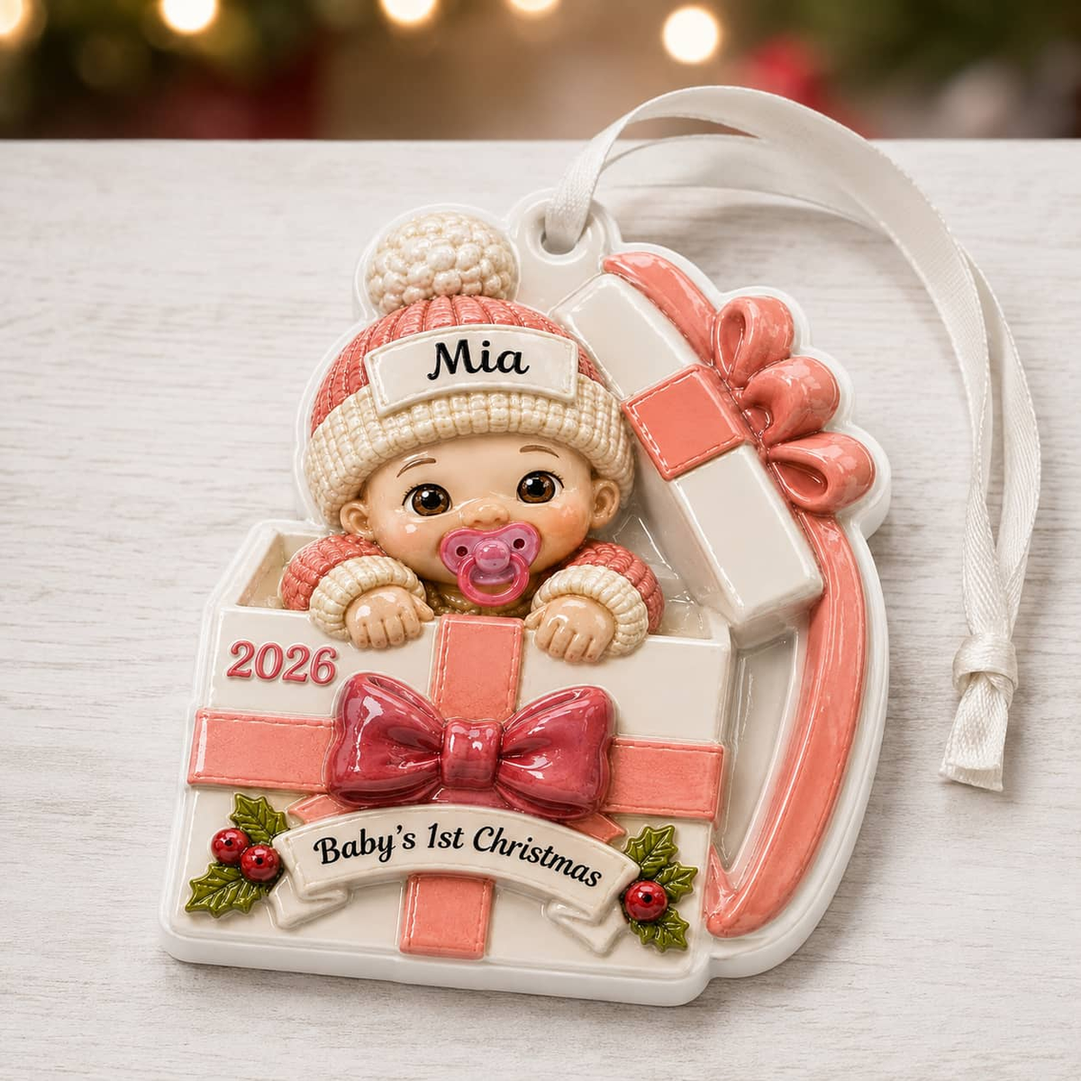 Baby's First Christmas Infant in Pink Present Box Holiday Keepsake - 3D Relief Ornament