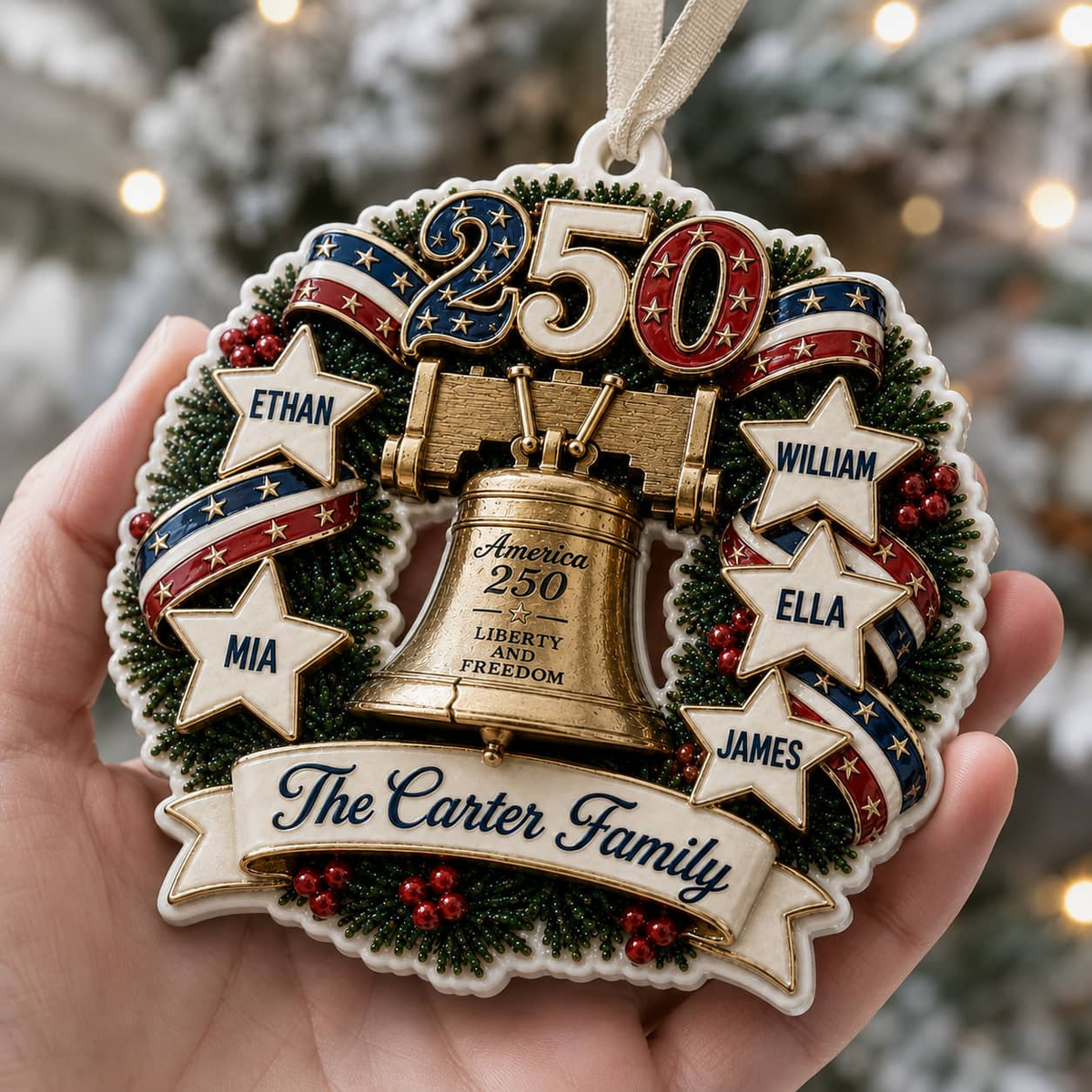 Patriotic Liberty Bell Wreath 250th Anniversary Stars and Ribbon Decor - 3D Relief Ornament