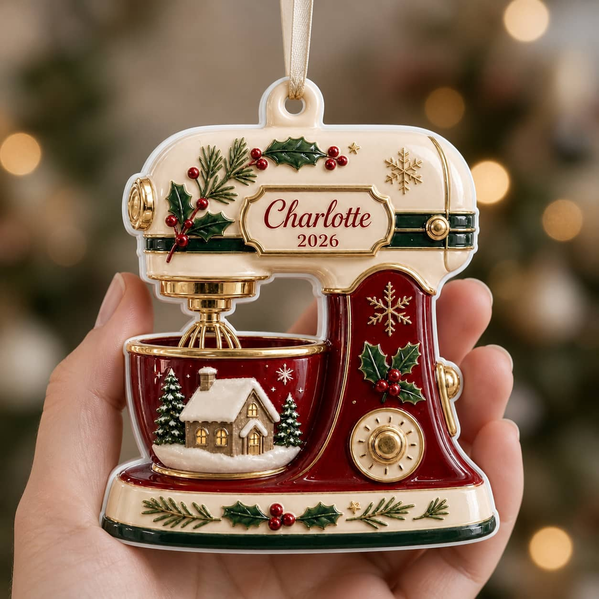 Vintage Kitchen Baking Stand Mixer in Red and Cream with Winter Cottage Scene - 3D Relief Ornament