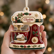 Vintage Kitchen Baking Stand Mixer in Red and Cream with Winter Cottage Scene - 3D Relief Ornament