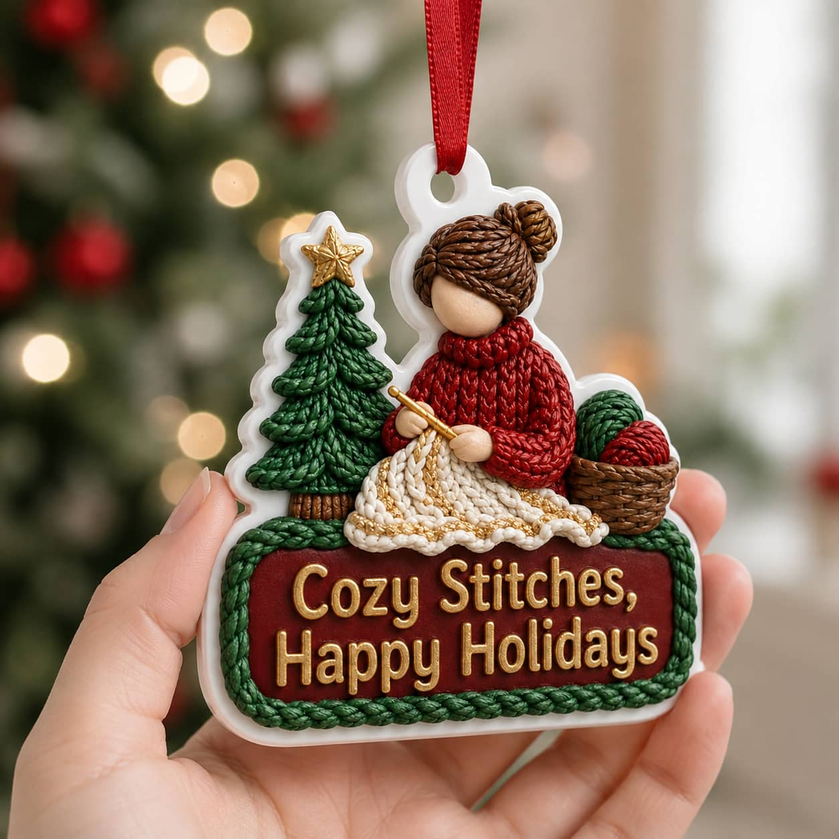 Knitting Woman Christmas Tree Decoration with Yarn Basket and Ribbon - 3D Relief Ornament