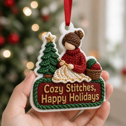 Knitting Woman Christmas Tree Decoration with Yarn Basket and Ribbon - 3D Relief Ornament