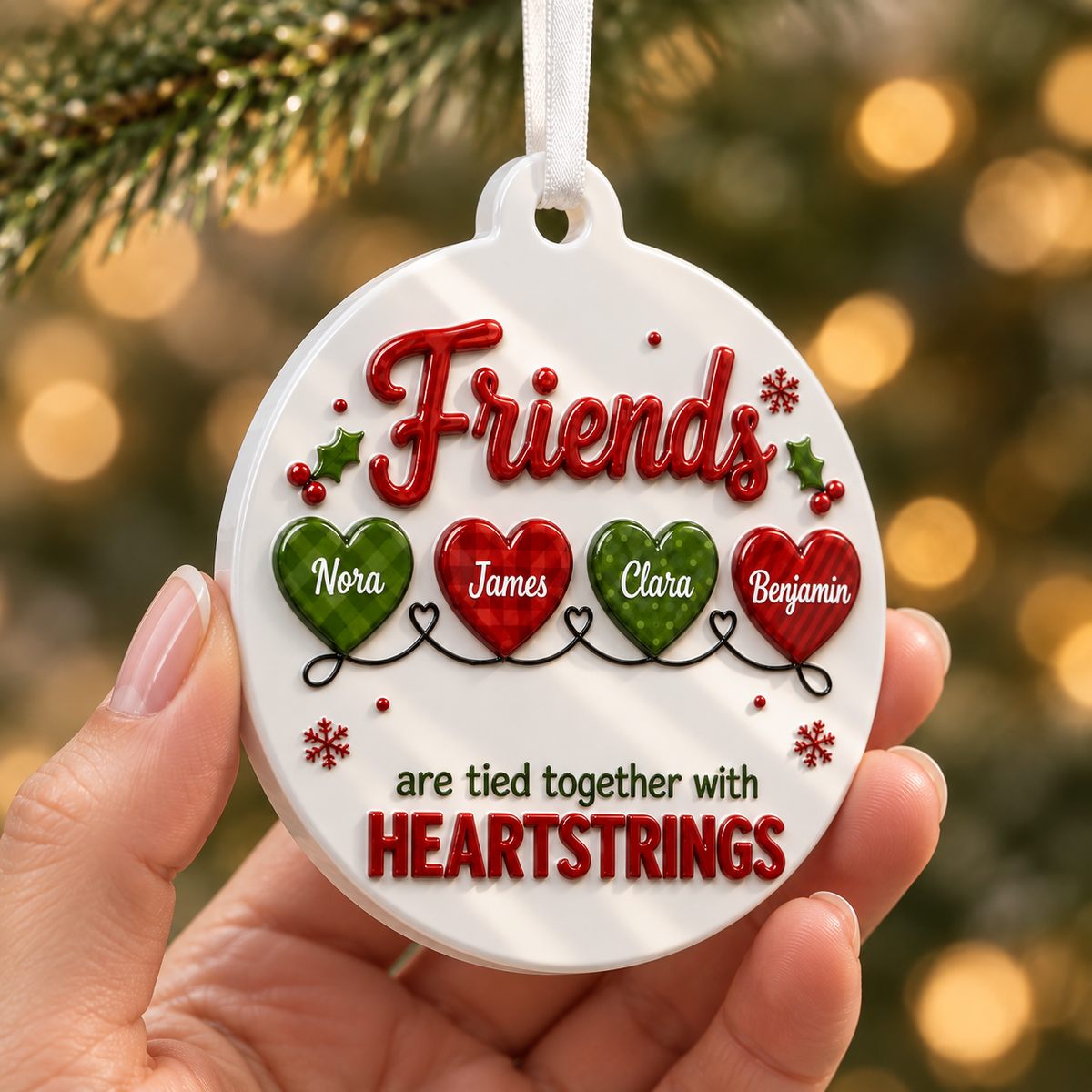 Friends Heartstrings Christmas Tree Holiday Decor, Oval White Design with Raised Red Green Details - 3D Relief Ornament