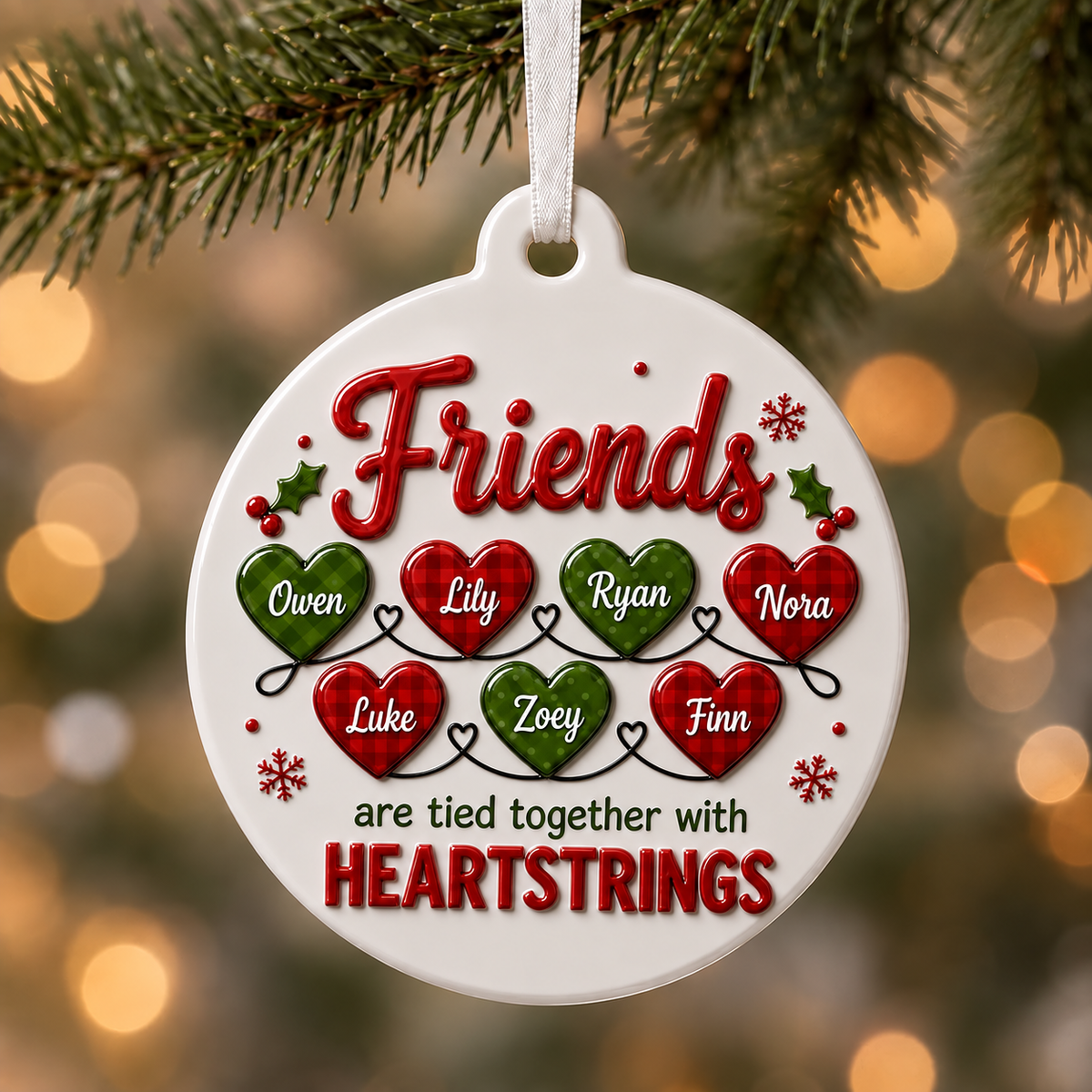 Friends Heartstrings Christmas Tree Holiday Decor, Oval White Design with Raised Red Green Details - 3D Relief Ornament