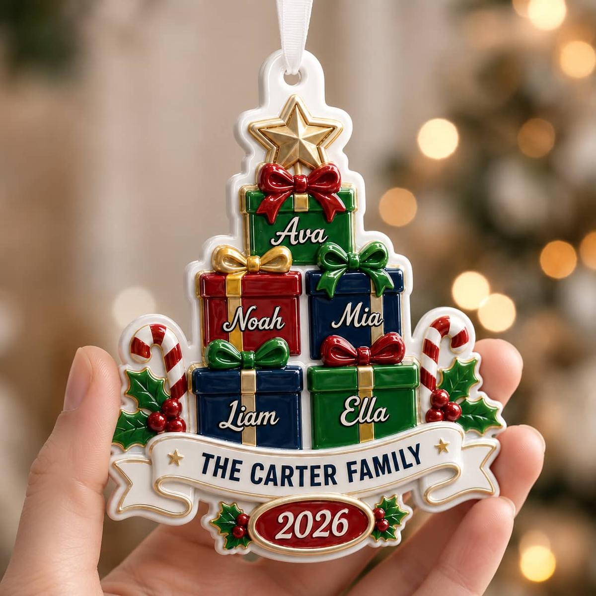 Personalized Christmas Tree Family Decoration with Stacked Gifts, 2026 Holiday Family Name Design - 3D Relief Ornament