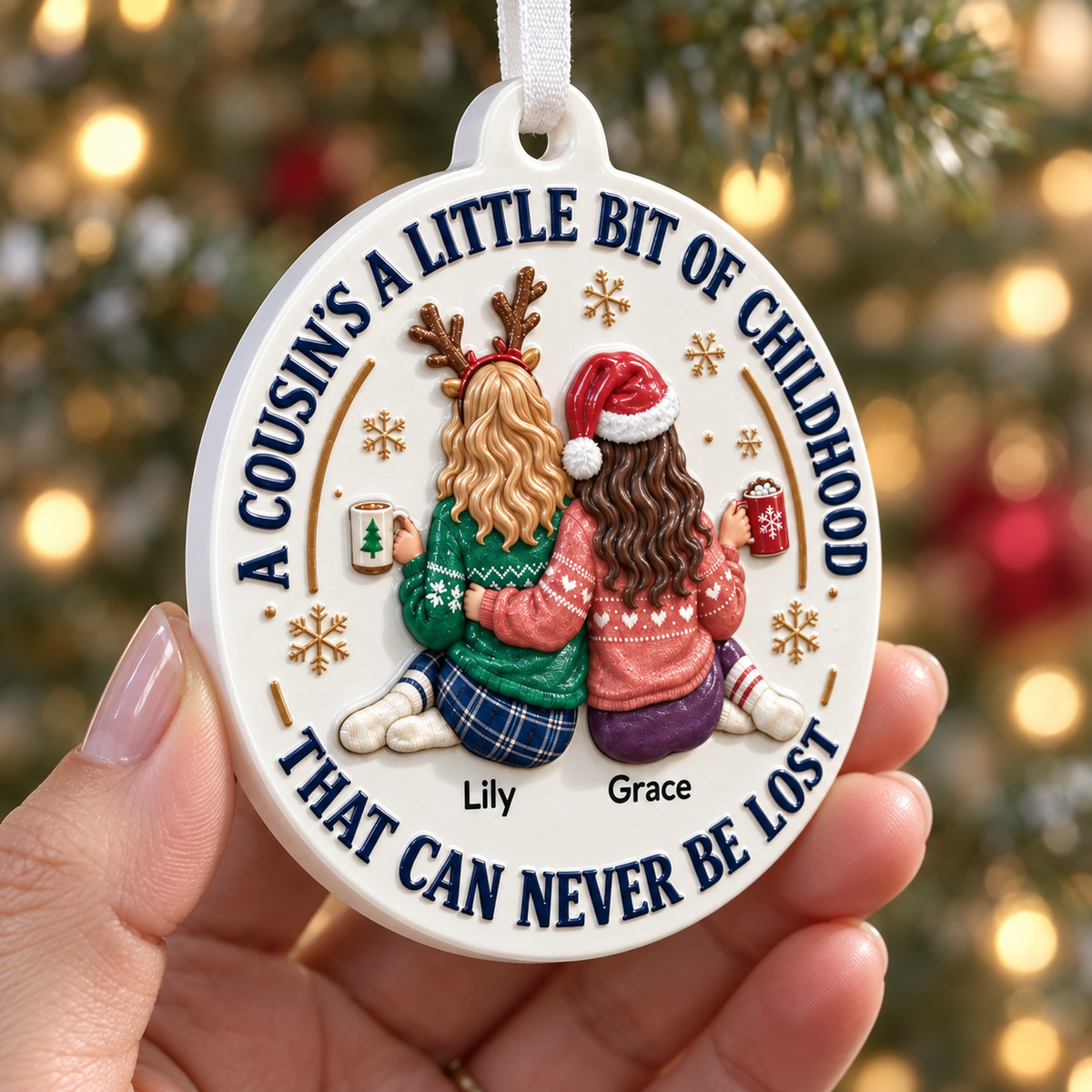 Christmas Tree Keepsake with Cousins Quote, Round Holiday Decor - 3D Relief Ornament