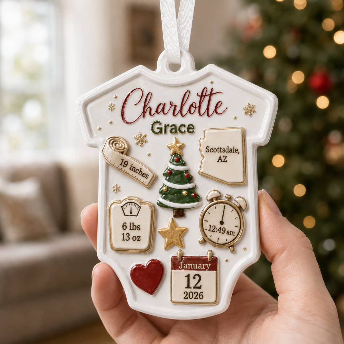 Baby Bodysuit Birth Stats Christmas Keepsake Hanging Holiday Decor - 3D Relief Ornament