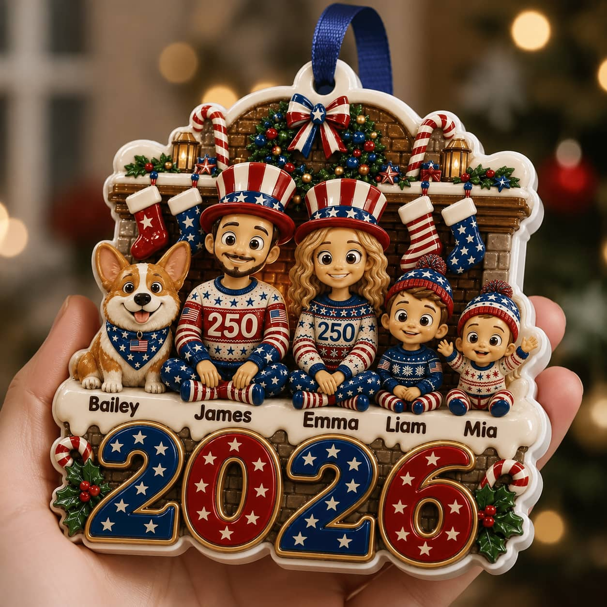 Christmas Family Decoration with Cartoon Family and Dog, 2026 Patriotic Red White Blue Design - 3D Relief Ornament