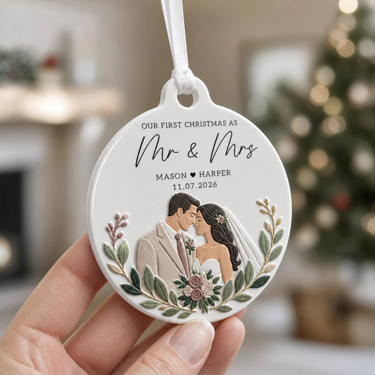 First Christmas Mr and Mrs Wedding Couple Round Keepsake - 3D Relief Ornament