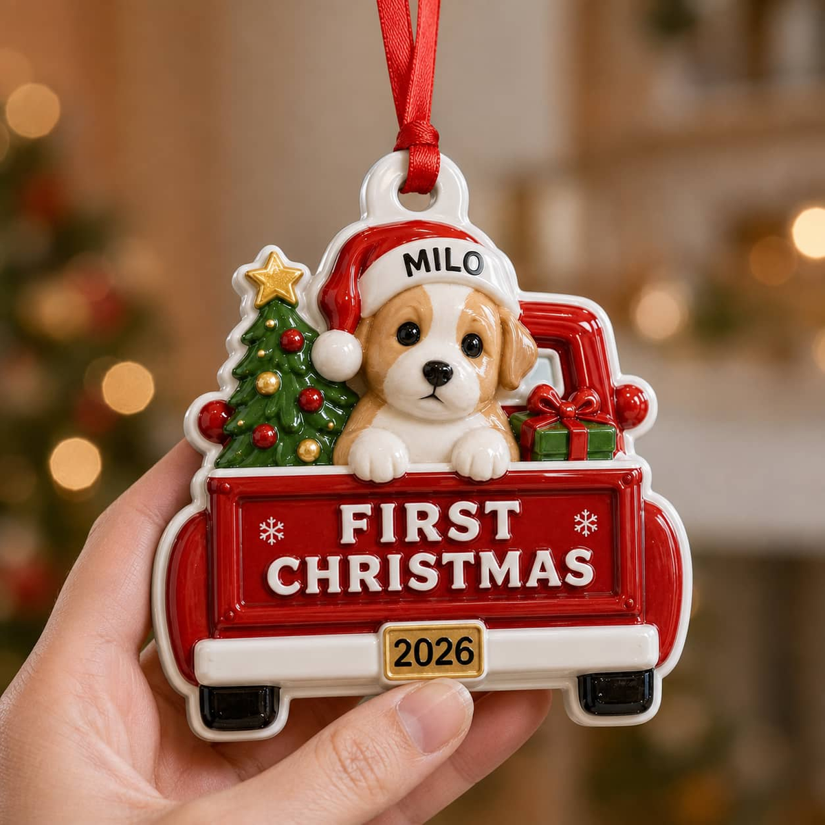 First Christmas 2026 Red Truck Puppy Christmas Tree Decoration, Red 3D Relief Design - 3D Relief Ornament