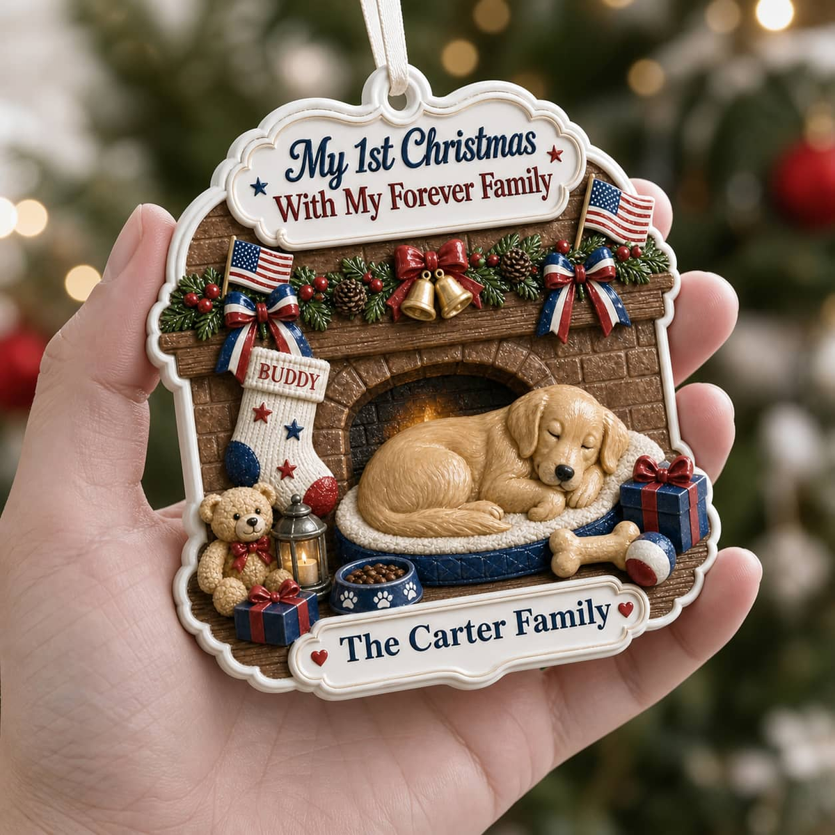 Holiday Tree Decoration, First Christmas Sleeping Puppy by Fireplace - 3D Relief Ornament