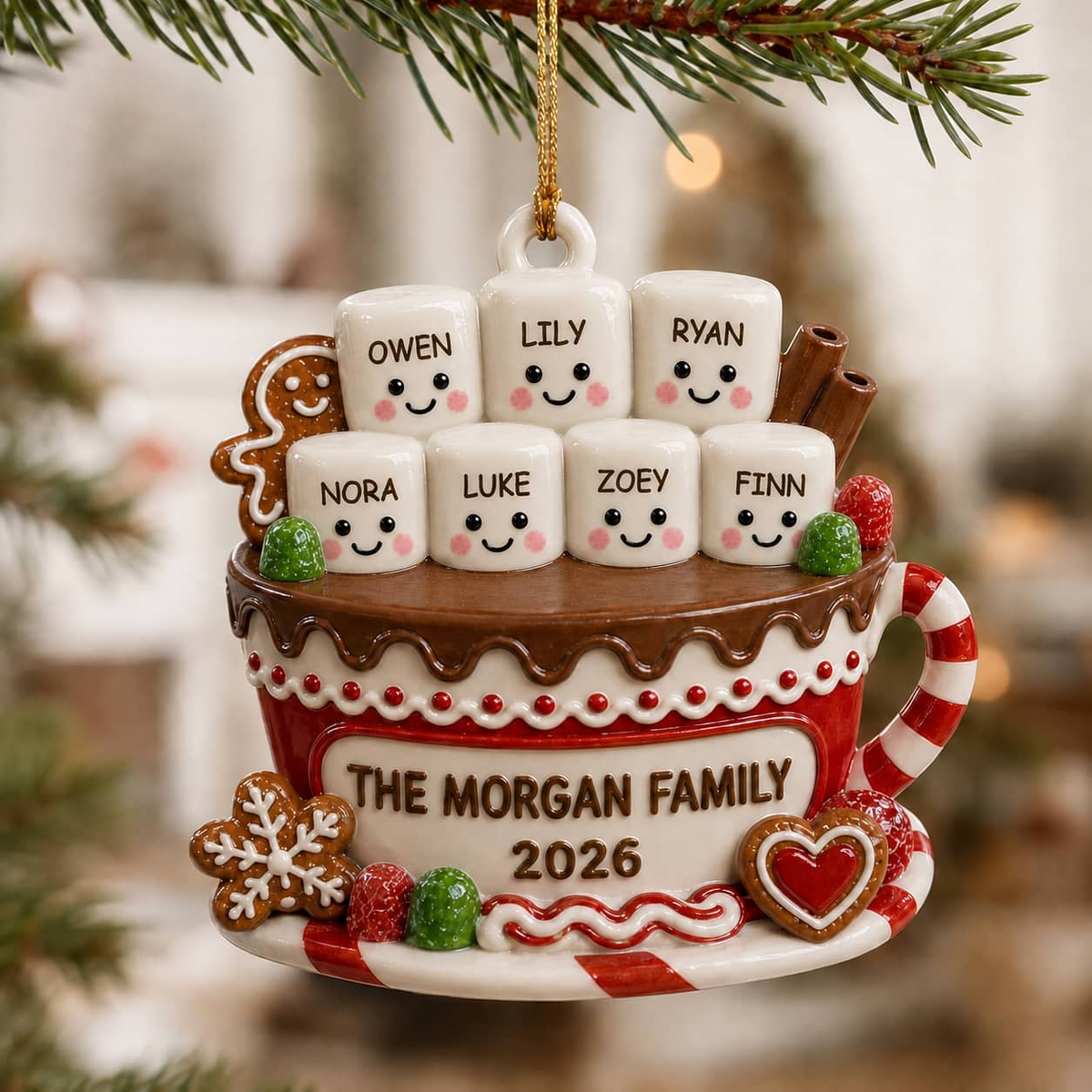 Hot Chocolate Mug Family Marshmallow Christmas Keepsake - 3D Relief Ornament