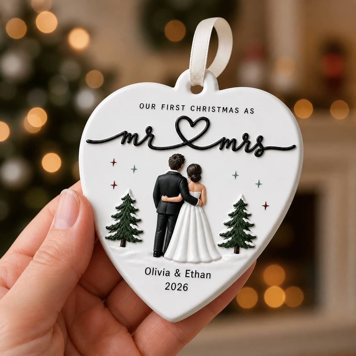 First Christmas Mr and Mrs Wedding Couple Heart Keepsake - 3D Relief Ornament