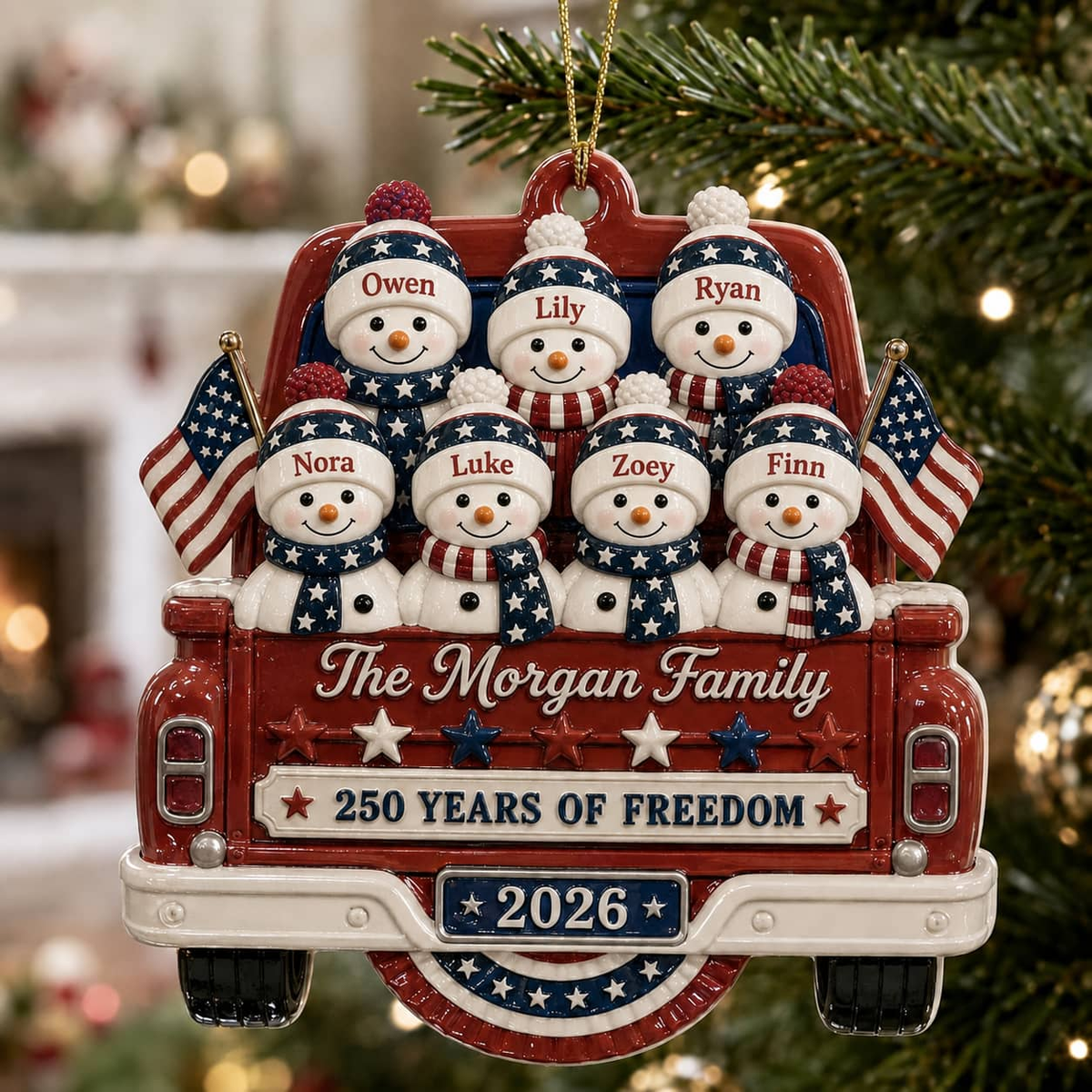 Christmas Snowman Pickup Truck Holiday Decor, Patriotic Red White Blue Design - 3D Relief Ornament