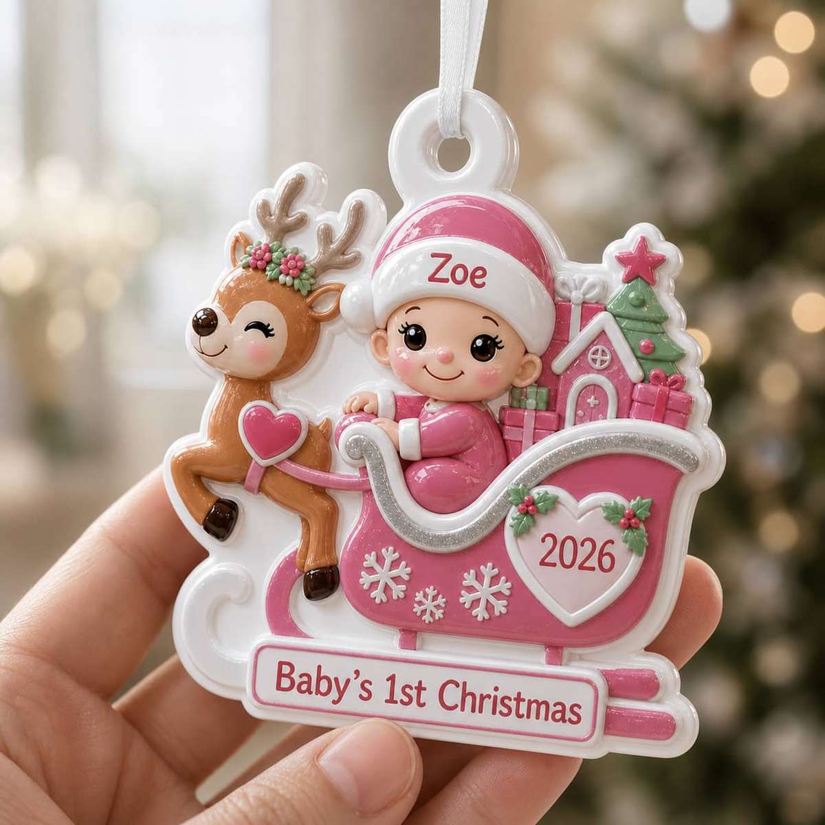 Baby's First Christmas Pink Reindeer Sleigh Holiday Keepsake - 3D Relief Ornament