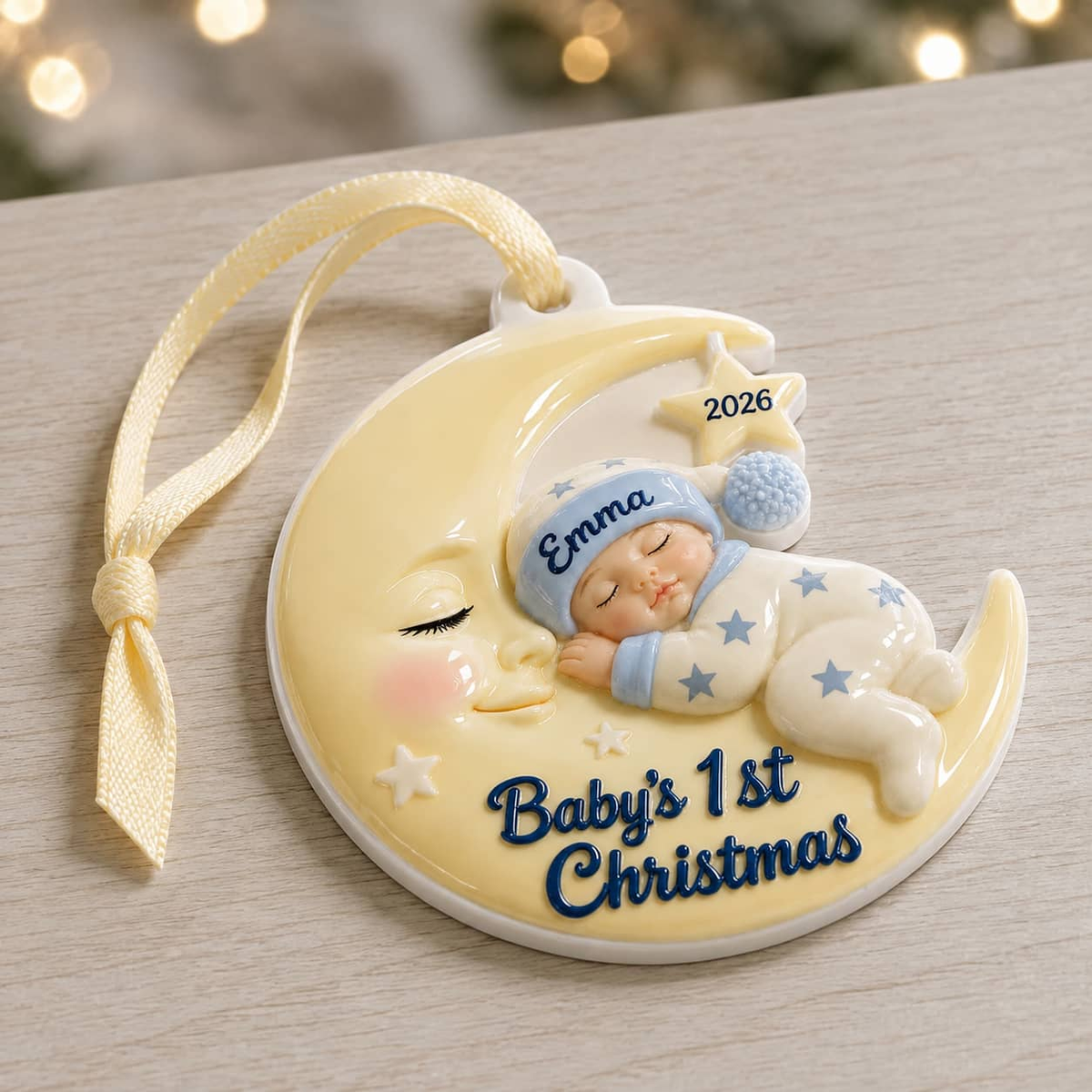 Baby's First Christmas Sleeping Infant on Crescent Moon Holiday Keepsake - 3D Relief Ornament