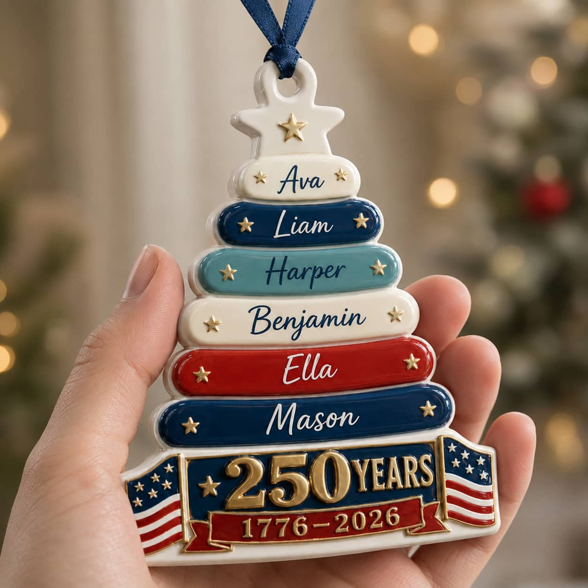 USA 250 Years 1776-2026 Patriotic Christmas Family Tree Keepsake - 3D Relief Ornament