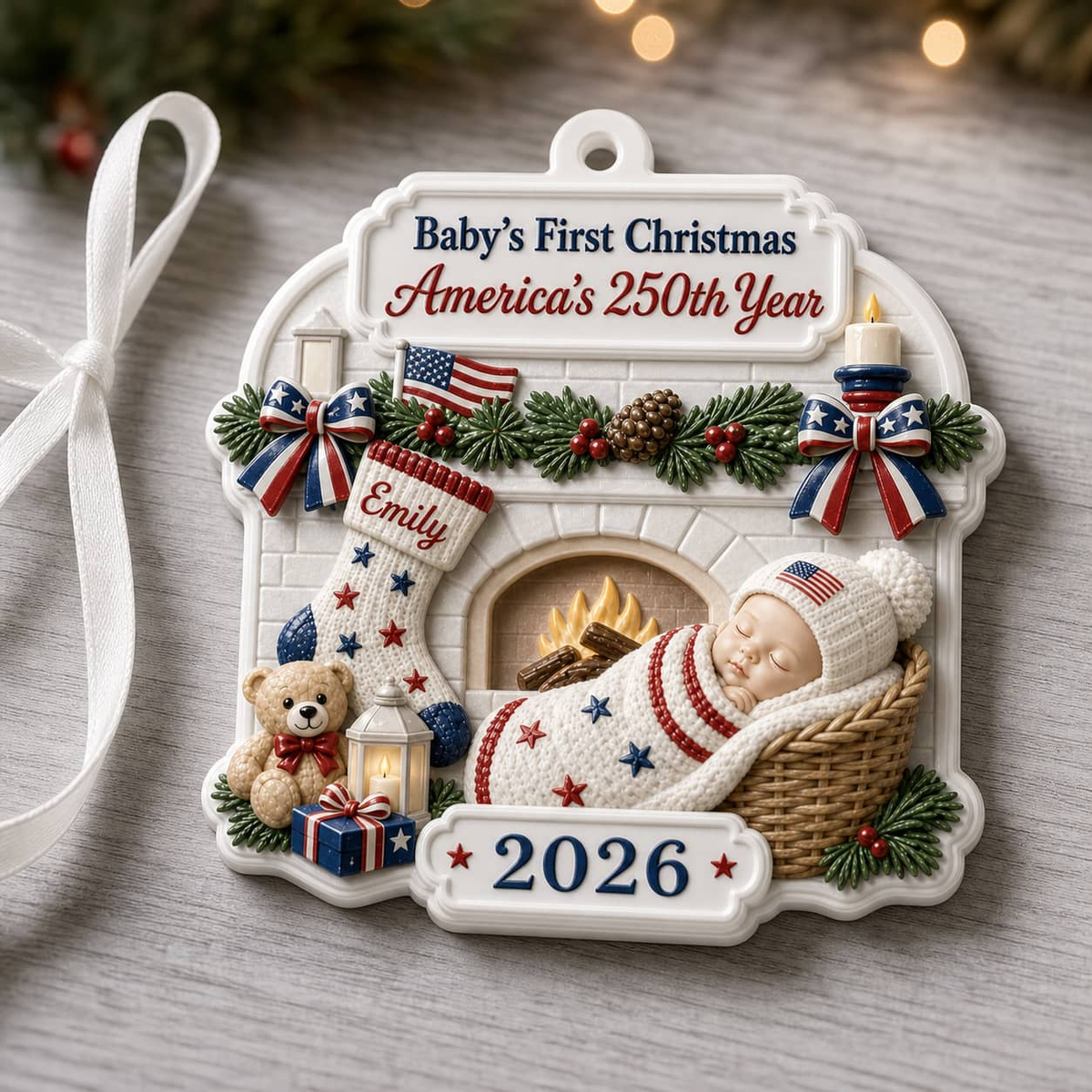 Baby's First Christmas 2026 Hanging Keepsake, America's 250th Year Patriotic Fireplace - 3D Relief Ornament