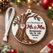 First Christmas as Mr and Mrs Round Holiday Hanging Decoration with Carved Tree Trunk - 3D Relief Ornament
