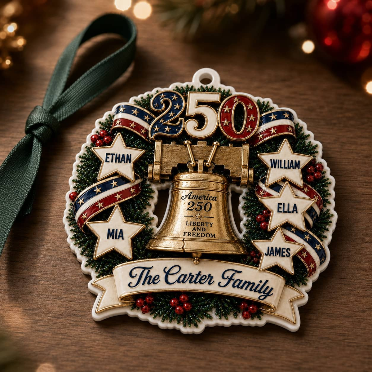 Patriotic Liberty Bell Wreath 250th Anniversary Stars and Ribbon Decor - 3D Relief Ornament