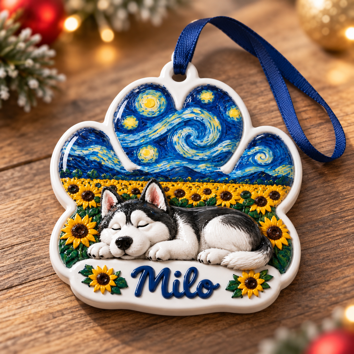 Sleeping Dog Paw Print Sunflower Christmas Tree Hanging Decor - 3D Relief Ornament