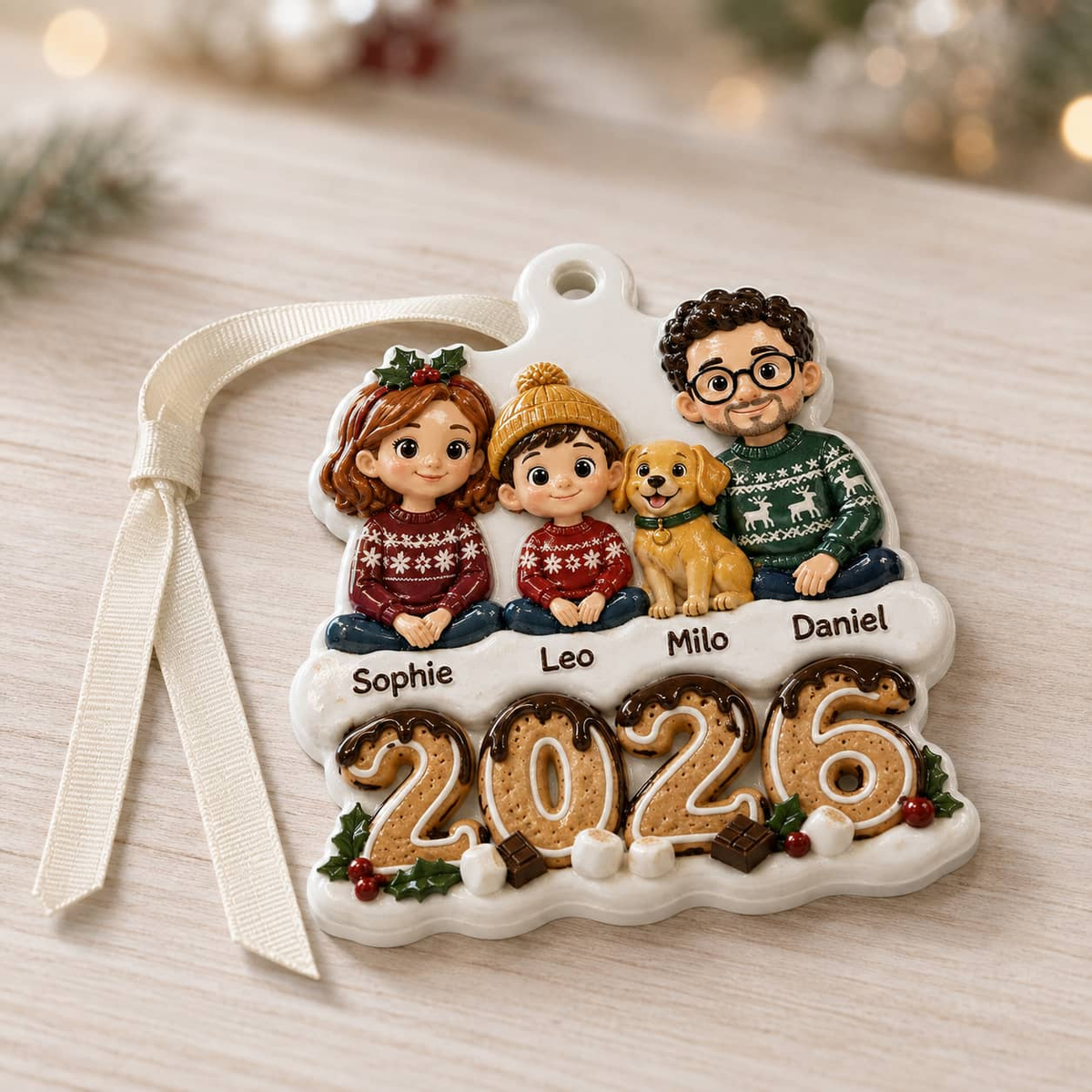 Family and Dog Christmas Tree Keepsake, 2026 Gingerbread Holiday Decor - 3D Relief Ornament