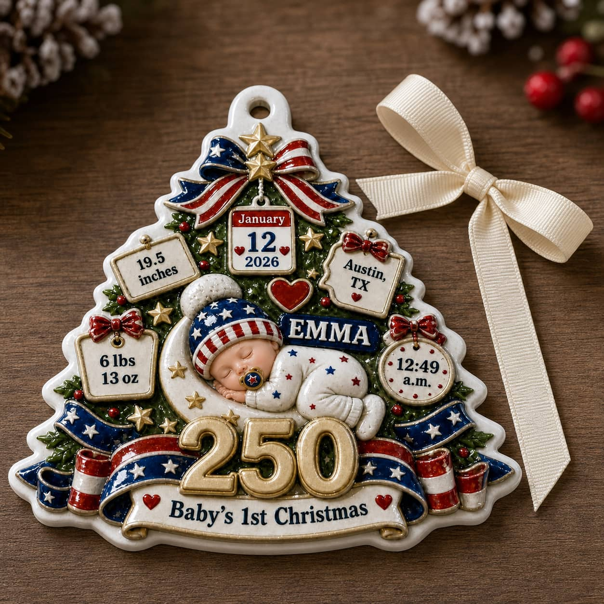 Baby's First Christmas Tree Keepsake, America 250 Patriotic Birth Stats - 3D Relief Ornament
