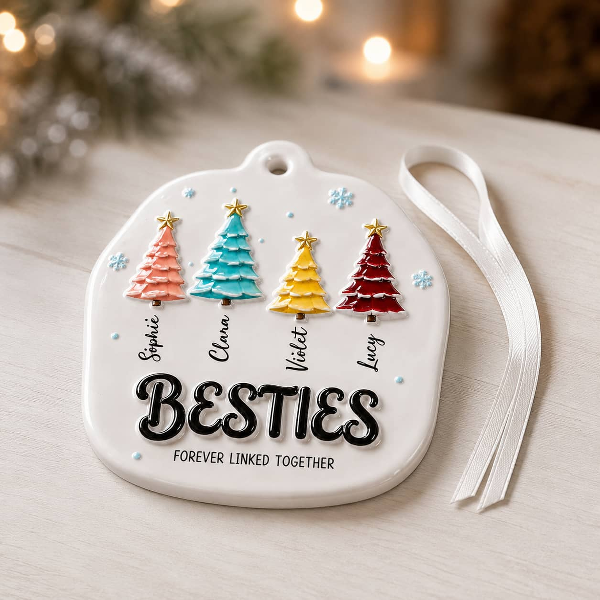 Besties Forever Linked Colorful Christmas Trees Keepsake - 3D Relief Ornament