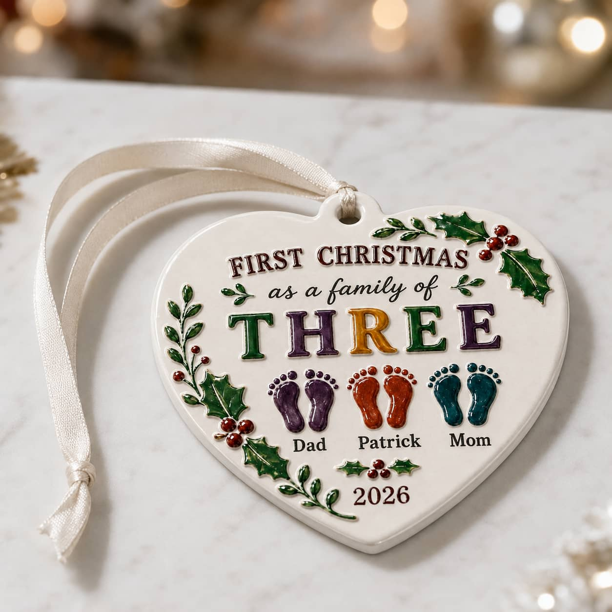 First Christmas Family of Three Heart Ceramic Keepsake with Ribbon - 3D Relief Ornament