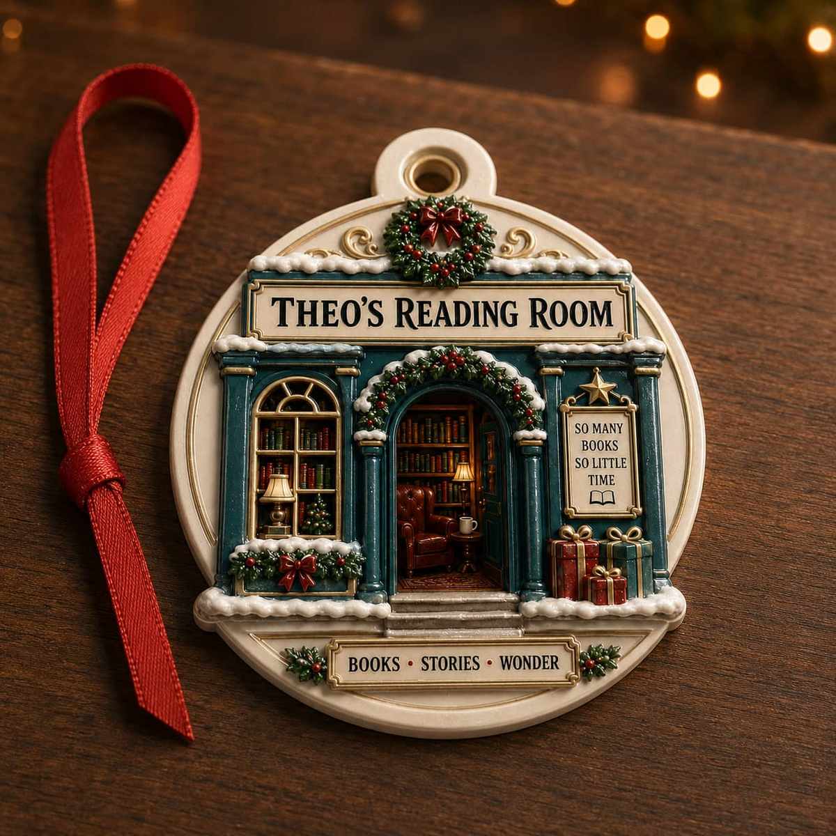 Reading Room Bookstore Facade Ceramic Holiday Keepsake with Ribbon - 3D Relief Ornament