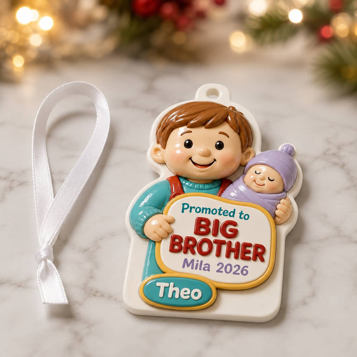 Promoted to Big Brother Holding Baby Sibling Christmas Keepsake - 3D Relief Ornament