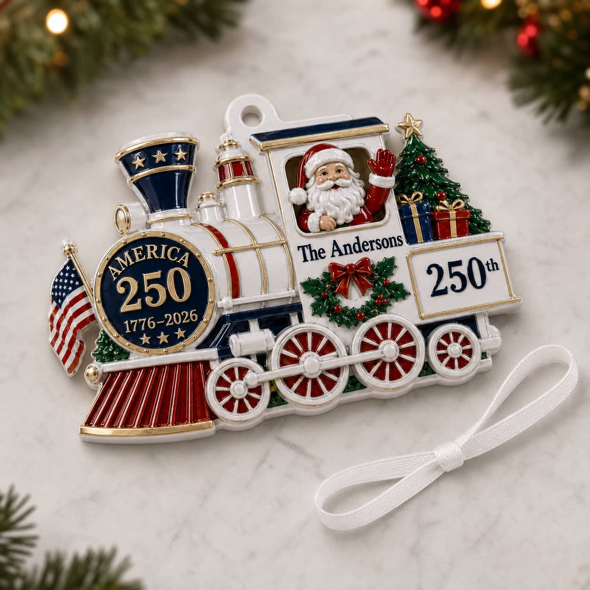 America 250 Santa Steam Train Patriotic Holiday Keepsake with Ribbon - 3D Relief Ornament