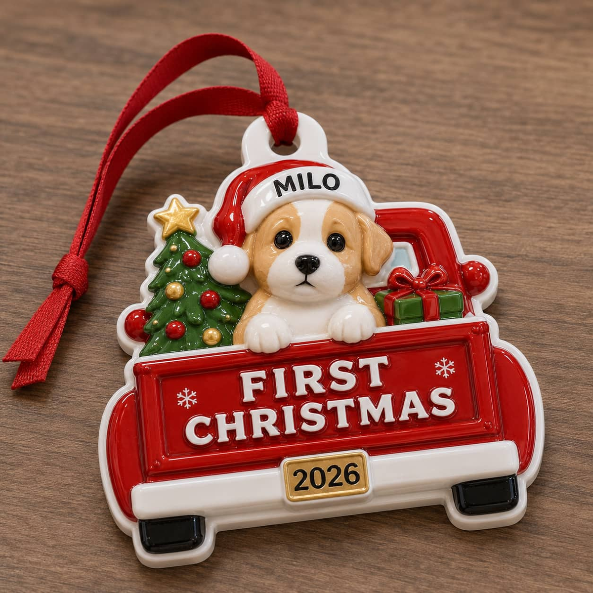 First Christmas 2026 Red Truck Puppy Christmas Tree Decoration, Red 3D Relief Design - 3D Relief Ornament