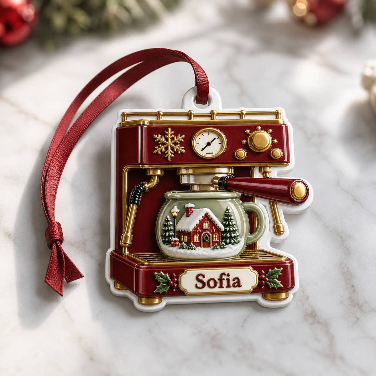 Retro Espresso Coffee Machine with Winter Village Mug Holiday Decor - 3D Relief Ornament