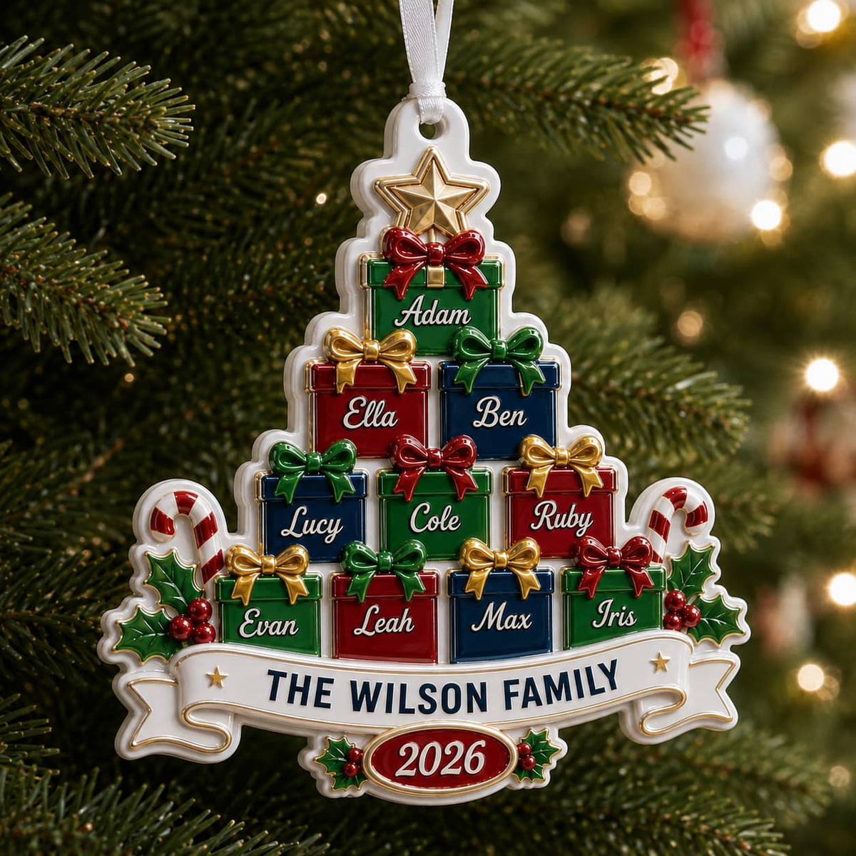 Personalized Christmas Tree Family Decoration with Stacked Gifts, 2026 Holiday Family Name Design - 3D Relief Ornament