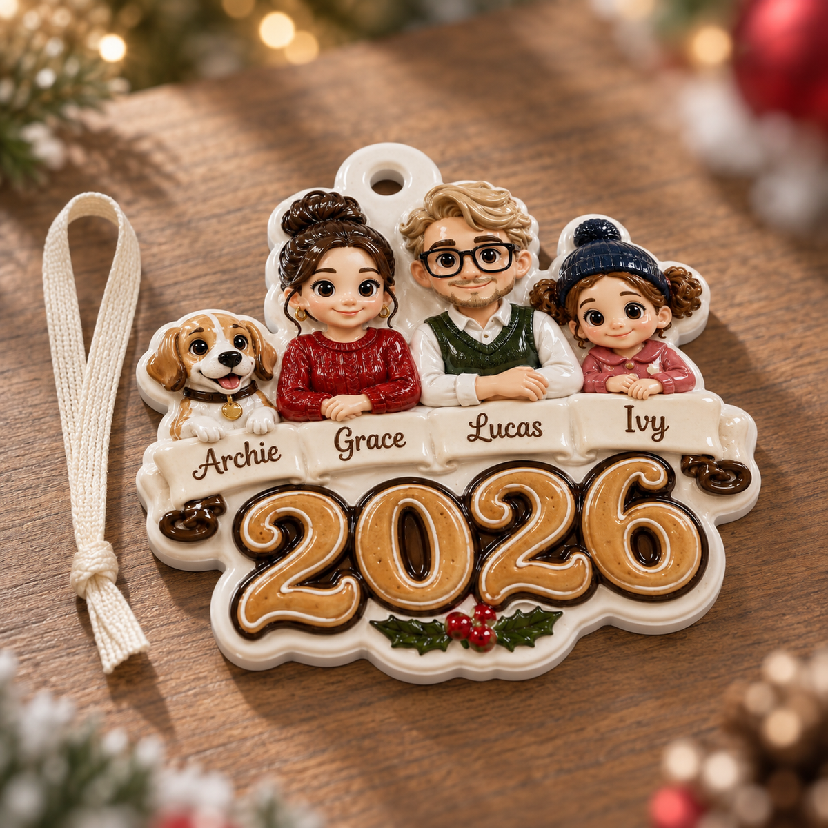 Family and Dog Christmas Tree Keepsake, Holiday Hanging Decor - 3D Relief Ornament