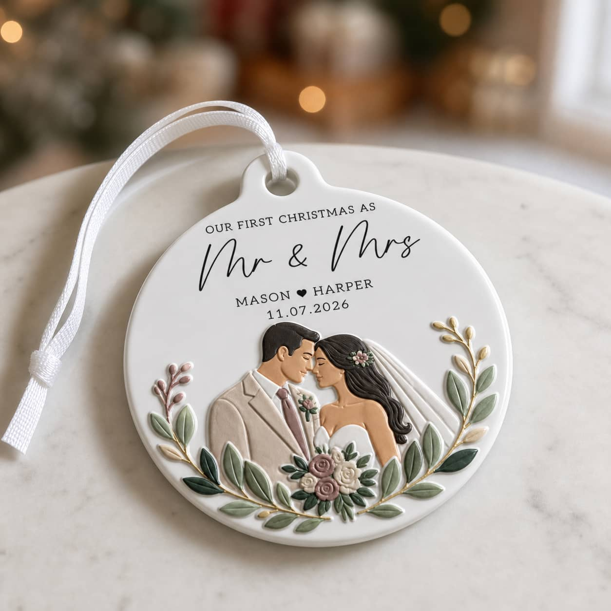 First Christmas Mr and Mrs Wedding Couple Round Keepsake - 3D Relief Ornament