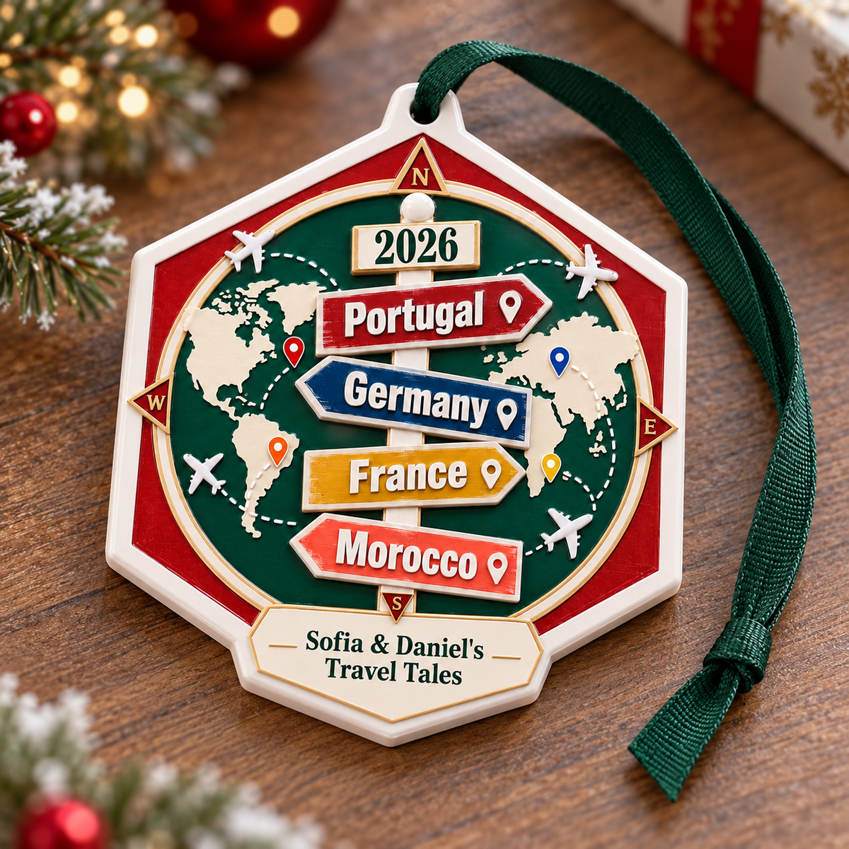 World Travel Map Vacation Signpost Compass Hexagon Hanging Keepsake - 3D Relief Ornament