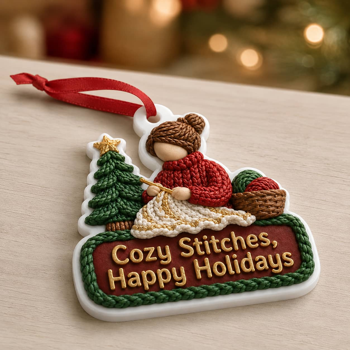 Knitting Woman Christmas Tree Decoration with Yarn Basket and Ribbon - 3D Relief Ornament
