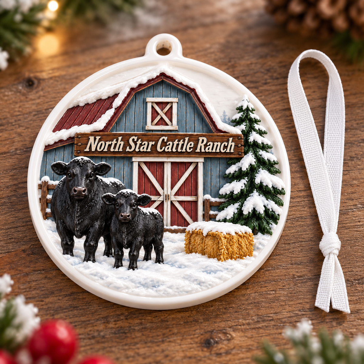 Personalized Cattle Ranch Farm Winter Barn Christmas Hanging Keepsake - 3D Relief Ornament