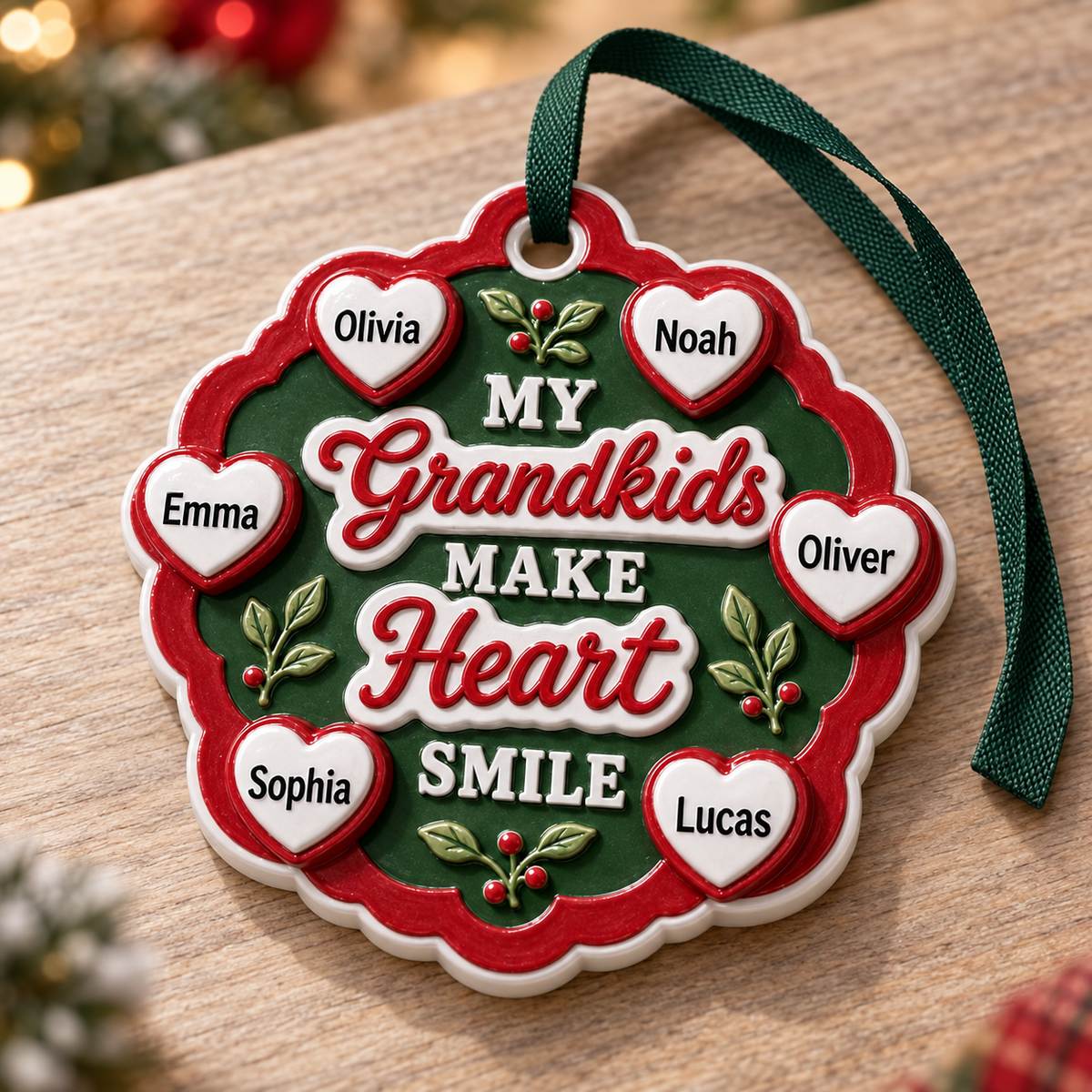 Grandkids Make Heart Smile Red and Green Scalloped Tree Keepsake - 3D Relief Ornament