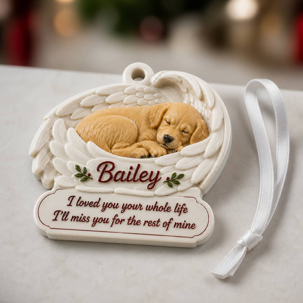 Sleeping Dog Memorial Angel Wings Pet Loss Keepsake - 3D Relief Ornament